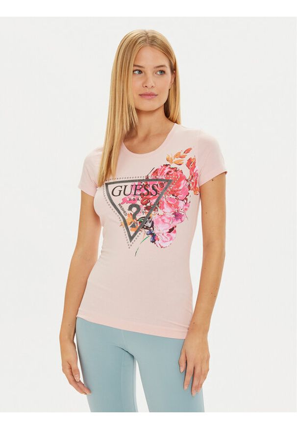 Guess T-Shirt W4BI23 J1314 Różowy Slim Fit. Kolor: różowy. Materiał: bawełna