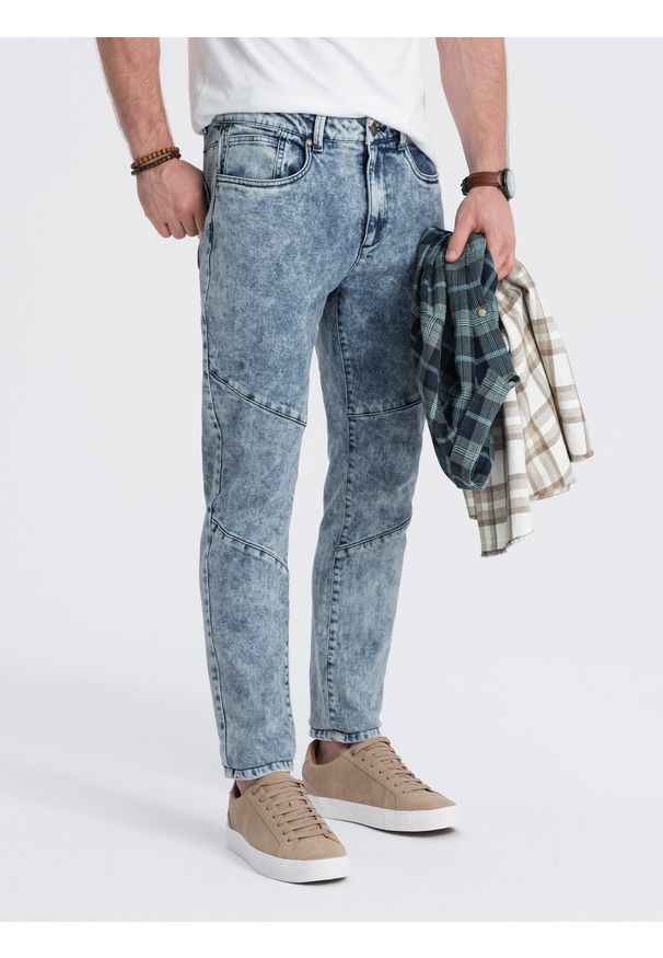 Ombre Clothing - Spodnie męskie jeansowe slim fit z przeszyciem na kolanach - niebieskie V1 - Rozmiar: XL. Kolor: niebieski. Materiał: jeans. Wzór: aplikacja