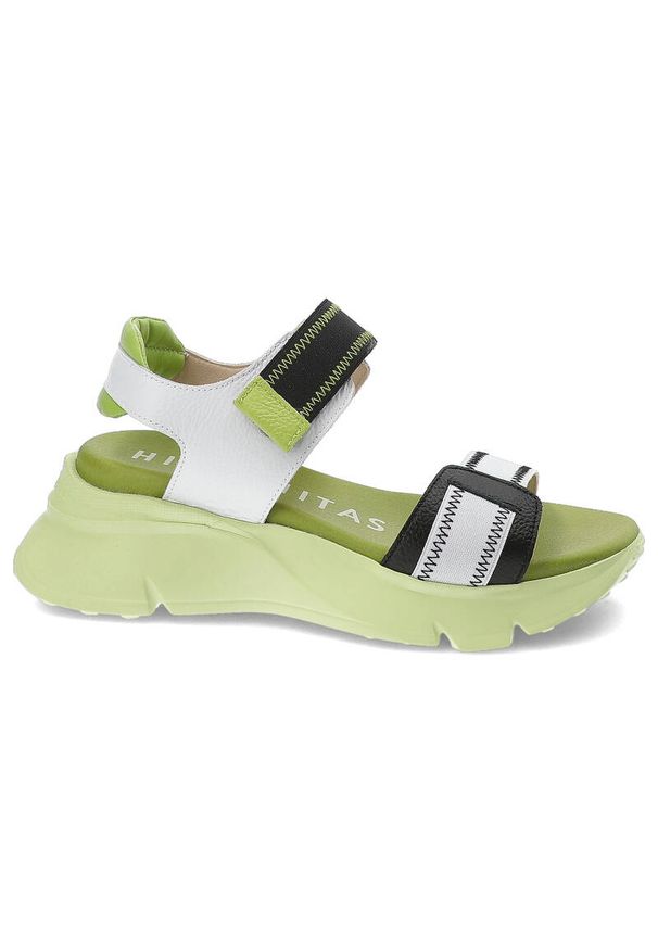 Zielone Sandały Hispanitas Wygodne Obuwie Damskie. Okazja: na co dzień. Zapięcie: rzepy. Kolor: zielony. Materiał: skóra, materiał. Wzór: paski. Styl: casual