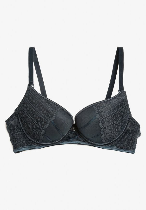 Born2be - Ciemnozielony Biustonosz Push Up z Przeszyciami i Wzorem w Kropki Azurelle. Kolor: zielony. Materiał: koronka. Rodzaj stanika: push-up. Wzór: kropki