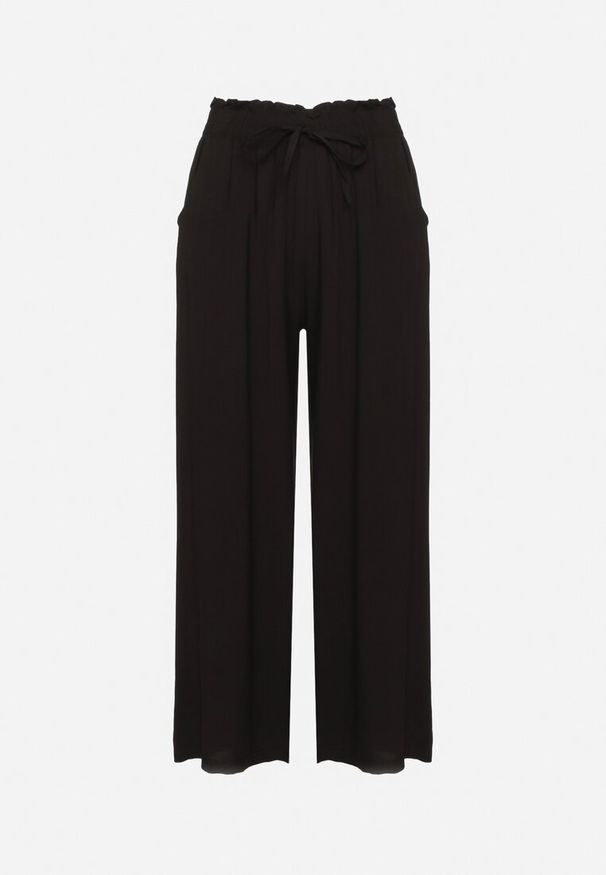 Born2be - Czarne Bawełniane Szerokie Spodnie Palazzo z Wysokim Stanem i Gumką w Pasie Nellsie. Okazja: na co dzień, do pracy. Stan: podwyższony. Kolor: czarny. Materiał: bawełna. Styl: casual, elegancki