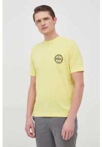 BOSS t-shirt męski kolor żółty z nadrukiem. Kolor: żółty. Materiał: skóra, włókno. Wzór: nadruk