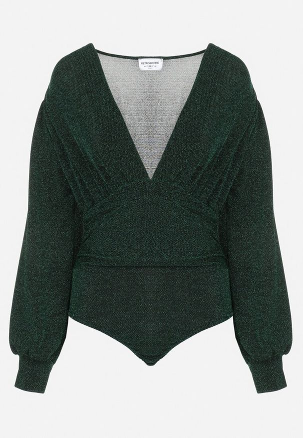 Born2be - Zielone Body Brokatowe z Głębokim Dekoltem Resse. Okazja: na co dzień. Typ kołnierza: dekolt w kształcie V. Kolor: zielony. Materiał: jeans. Długość rękawa: długi rękaw. Długość: długie. Wzór: aplikacja. Styl: elegancki, casual