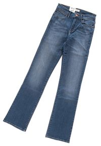 Wrangler - WRANGLER HIGH RISE BOOTCUT MISTY BLUE W27UU486L. Stan: podwyższony. Wzór: aplikacja