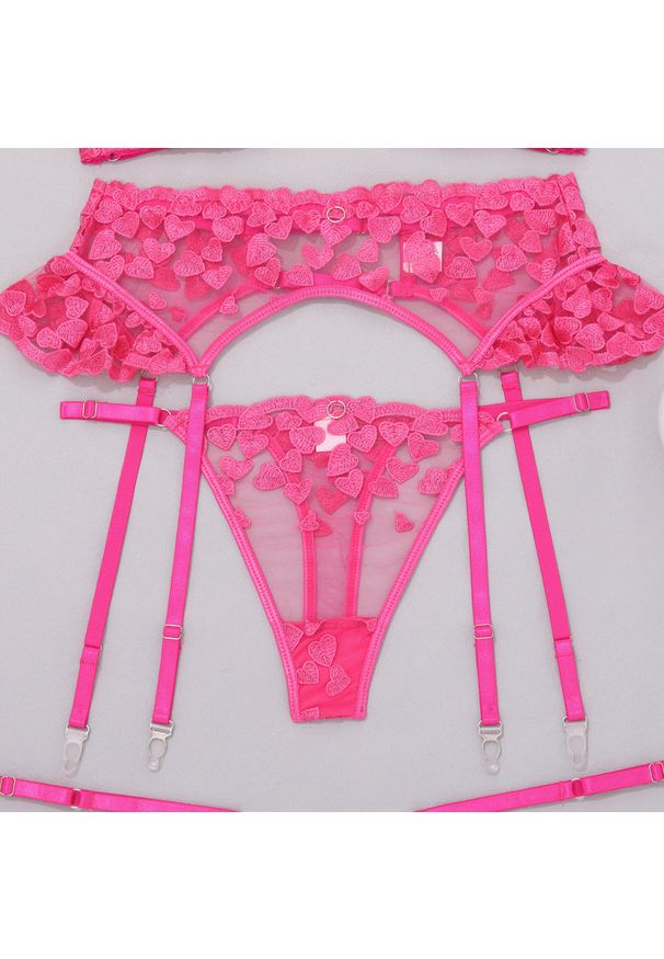 Intica - Zestaw bielizny koronkowej czteroczęściowy z pasem do pończoch Ughetta. Kolor: różowy. Materiał: koronka. Wzór: aplikacja, koronka