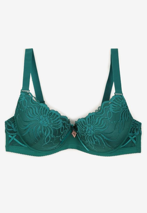 Renee - Ciemnozielony Koronkowy Biustonosz o Kroju Full Cup z Ozdobną Kokardką Doriri. Kolor: zielony. Materiał: koronka. Wzór: kwiaty