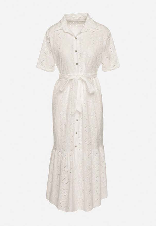 Born2be - Biała Bawełniana Sukienka Koszulowa z Wiązanym Paskiem Zdobiona Haftem Efriselle. Okazja: na co dzień. Typ kołnierza: kołnierzyk klasyczny. Kolor: biały. Materiał: bawełna. Wzór: aplikacja, haft. Typ sukienki: koszulowe. Styl: klasyczny, casual, elegancki