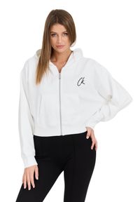 Calvin Klein - CALVIN KLEIN Biała damska rozpinana bluza z kapturem, Rozmiar M. Typ kołnierza: kaptur. Kolor: biały. Materiał: bawełna #5