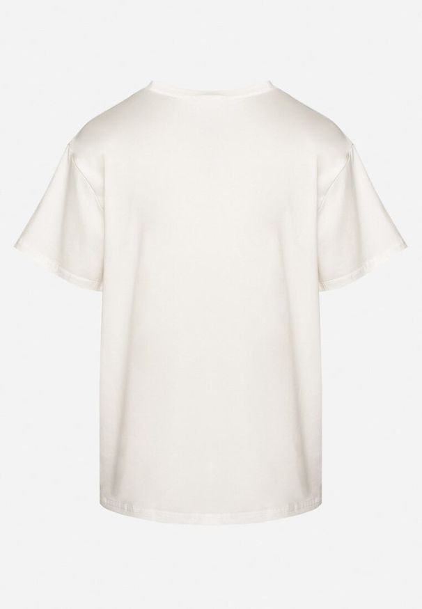 Born2be - Biały T-shirt z Bawełny Ozdobiony Nadrukiem i Brokatem Marionel. Okazja: na co dzień. Kolor: biały. Materiał: bawełna. Wzór: aplikacja, nadruk. Styl: klasyczny, elegancki, casual