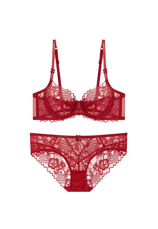 Intica - Komplet bielizny transparentnej z haftem Aleka. Kolor: czerwony. Materiał: tkanina, materiał. Wzór: haft