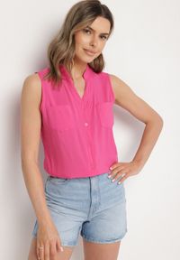 Born2be - Fuksjowa Wiskozowa Koszula Ozdobiona Kieszeniami Lumevare. Okazja: na co dzień. Kolor: różowy. Materiał: wiskoza. Wzór: aplikacja. Styl: casual, elegancki #3