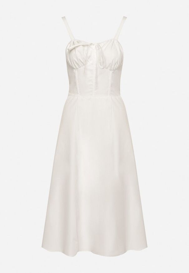 Born2be - Biała Rozkloszowana Gorsetowa Sukienka Vices Ozdobiona Wiązaniem Ralethea. Typ kołnierza: dekolt gorset. Kolor: biały. Długość rękawa: na ramiączkach. Wzór: aplikacja. Typ sukienki: gorsetowe. Styl: elegancki