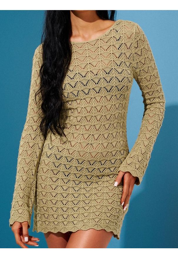 Sinsay - Dzianinowa sukienka mini z bawełny - zielony. Kolor: zielony. Materiał: dzianina, bawełna. Długość: mini