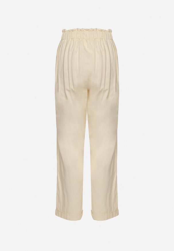 Born2be - Jasnobeżowe Bawełniane Spodnie z Wysokim Stanem i Ozdobnym Wiązaniem Vilwia. Okazja: na co dzień. Stan: podwyższony. Kolor: beżowy. Materiał: bawełna. Styl: casual, elegancki, klasyczny