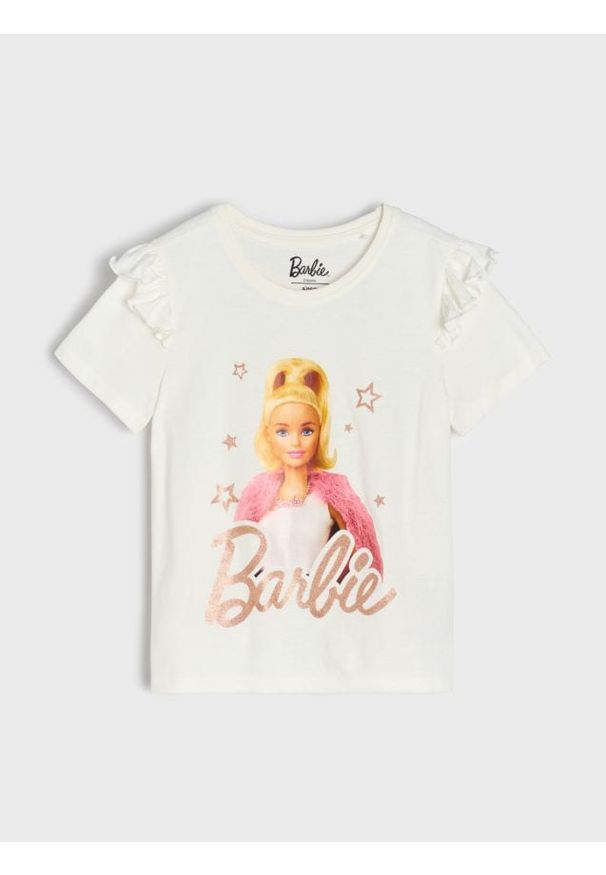 Sinsay - Bawełniana koszulka z nadrukiem Barbie - kremowy. Kolor: kremowy. Materiał: bawełna. Wzór: nadruk