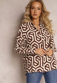 Renee - Beżowa Koszula Bintas. Okazja: do pracy, na randkę. Kolor: beżowy. Materiał: materiał. Długość rękawa: długi rękaw. Długość: długie. Wzór: geometria. Styl: sportowy #4