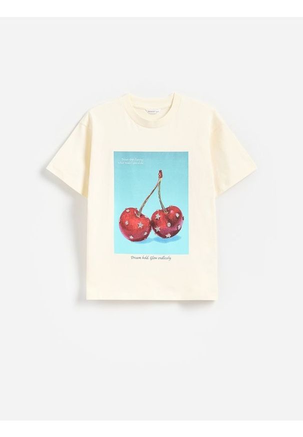 Reserved - T-shirt z nadukiem - kremowy. Kolor: kremowy. Materiał: bawełna