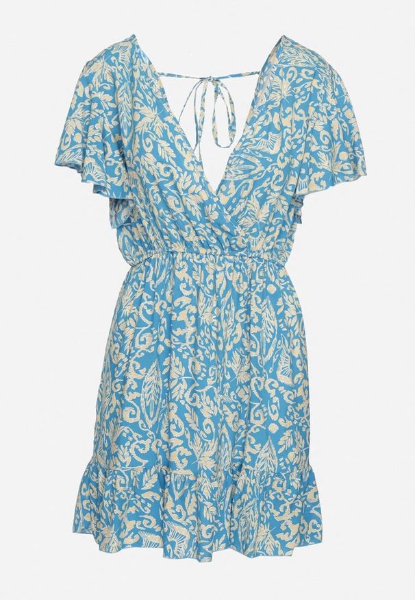 Born2be - Niebieska Rozkloszowana Bawełniana Sukienka z Gumką w Talii i Falbanami Nelsea. Okazja: na co dzień, na randkę. Typ kołnierza: dekolt w kształcie V. Kolor: niebieski. Materiał: bawełna. Długość rękawa: krótki rękaw. Typ sukienki: rozkloszowane. Styl: wizytowy, casual