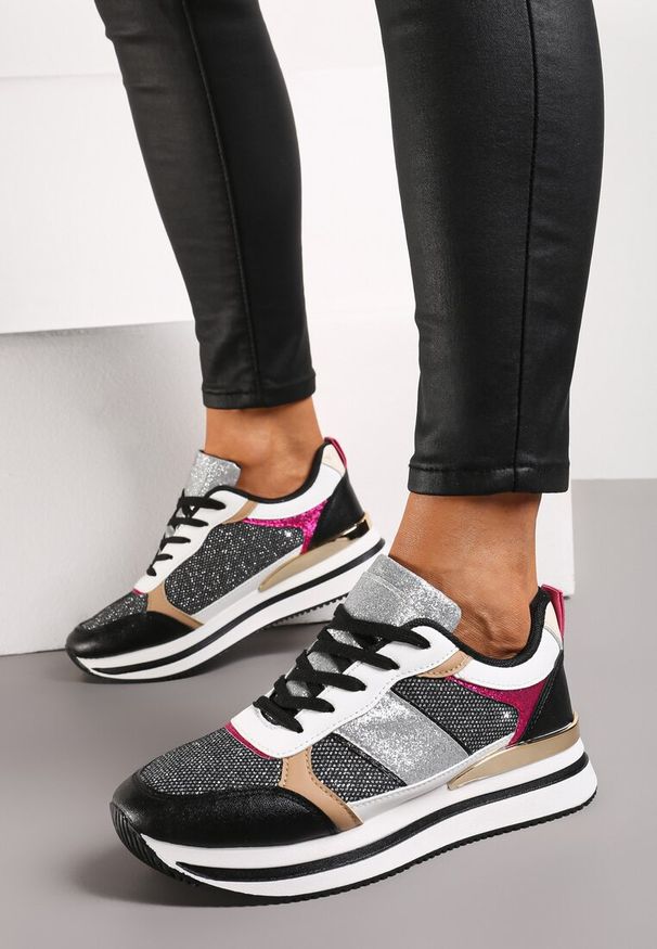 Renee - Czarne Sneakersy Ozdobione Brokatem i Kolorowymi Wstawkami Veradis. Kolor: czarny. Wzór: aplikacja, kolorowy