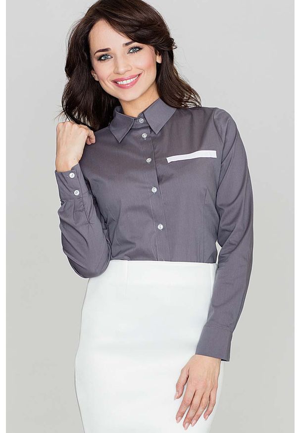 Katrus - Elegancka Szaro-Niebieska Koszula w Nowoczesnym Stylu. Kolor: szary, wielokolorowy, niebieski. Materiał: lycra, bawełna, nylon. Styl: elegancki