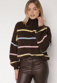 Born2be - Brązowy Golf z Wełną Ozdobiony Paskami Reisorria. Okazja: na co dzień, na spacer. Typ kołnierza: golf. Kolor: brązowy. Materiał: wełna. Wzór: aplikacja. Styl: casual #5