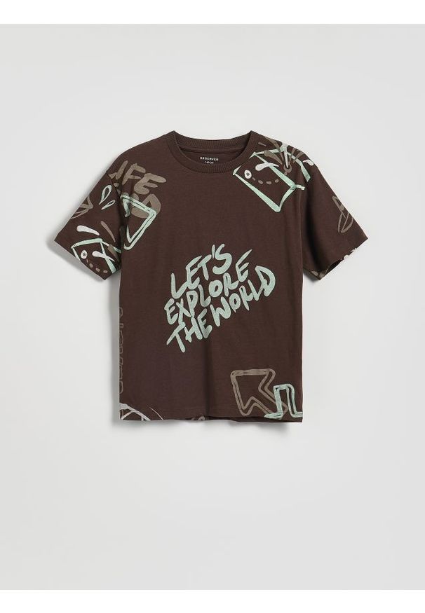 Reserved - Bawełniany t-shirt - ciemnobrązowy. Kolor: brązowy. Materiał: bawełna