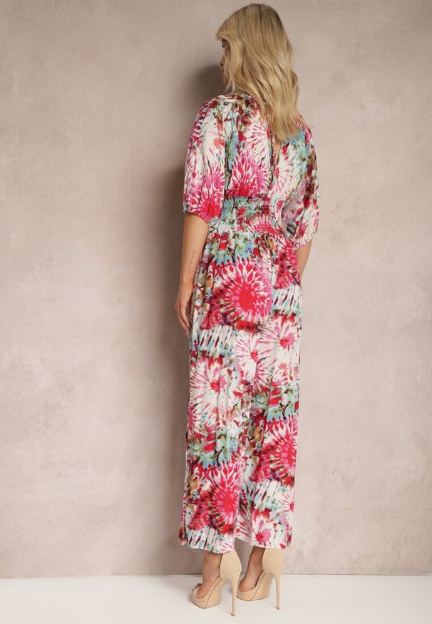 Renee - Różowo-Biały Wiskozowy Kombinezon w Stylu Boho z Gumkami w Pasie i Wiązaniem Sunilla. Kolor: różowy. Materiał: wiskoza. Sezon: lato. Styl: boho