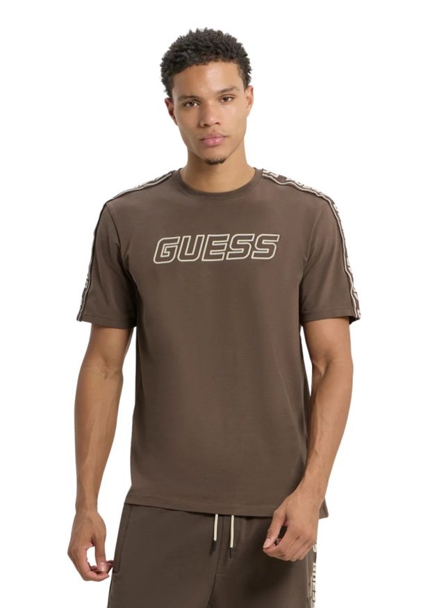 Guess - GUESS Brązowy męski t-shirt Arlo. Kolor: brązowy