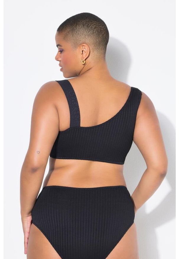 ULLA POPKEN - Damska Góra od bikini jedno ramię miękkie miseczki faktura w . Kolekcja: plus size. Kolor: czarny. Materiał: poliester, elastan, poliamid, materiał. Wzór: paski