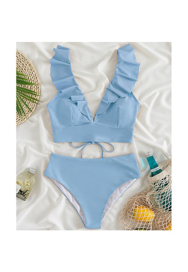 Intica - Dwuczęściowy strój kąpielowy z falbankami i wysoką talią Iolanthe. Kolor: niebieski. Materiał: materiał