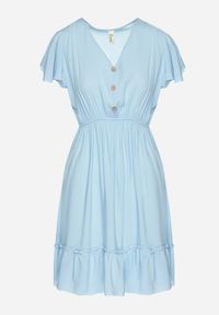 Born2be - Niebieska Rozkloszowana Bawełniana Sukienka z Guzikami i Falbanami Natinema. Okazja: na co dzień. Typ kołnierza: dekolt w serek. Kolor: niebieski. Materiał: bawełna. Sezon: lato. Styl: casual #4