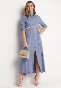 Born2be - Niebieska Sukienka Controllable. Okazja: na co dzień. Kolor: niebieski. Długość rękawa: długi rękaw. Typ sukienki: rozkloszowane, szmizjerki. Styl: klasyczny, casual. Długość: maxi #3
