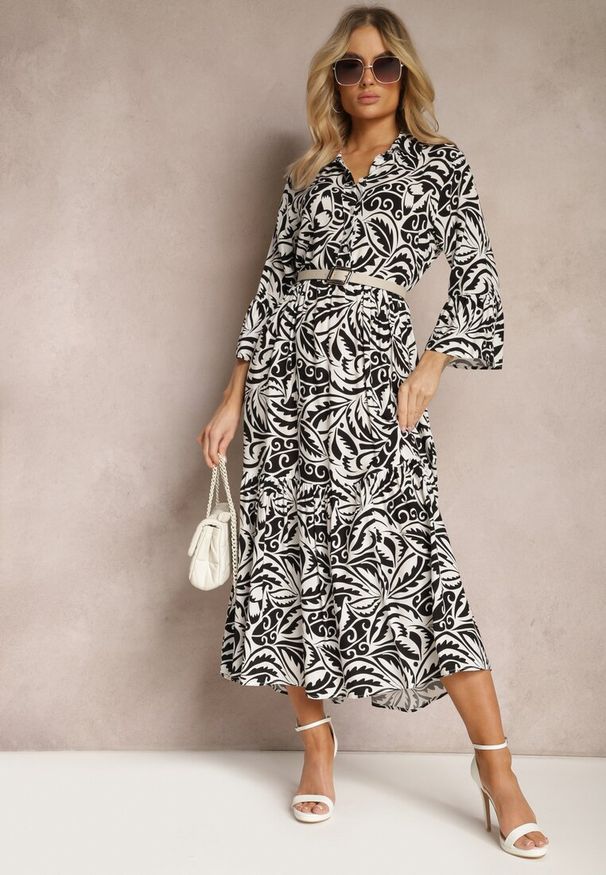 Renee - Czarno-Biała Sukienka Maxi z Falbanką z Guzikami i Liściastym Wzorem Polka. Kolor: czarny. Długość rękawa: długi rękaw. Styl: elegancki. Długość: maxi