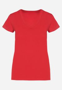 Born2be - Czerwony T-shirt z Bawełny z Dekoltem w Serek Liniviela. Okazja: na co dzień. Typ kołnierza: dekolt w serek. Kolor: czerwony. Materiał: bawełna. Styl: casual #5