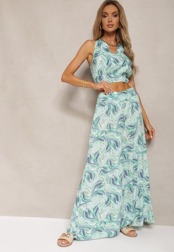 Renee - Zielony Komplet Boho z Bawełny Krótki Top na Ramiączkach z Gumką Szerokie Spodnie Rasida. Kolor: zielony. Materiał: bawełna
