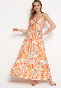 Born2be - Pomarańczowa Sukienka z Wiskozy i Bawełny Rozkloszowana w Kwiatowy Print z Ozdobnym Wiązaniem Wiama. Okazja: na co dzień. Kolor: pomarańczowy. Materiał: bawełna, wiskoza. Wzór: nadruk, kwiaty. Typ sukienki: rozkloszowane. Styl: casual, elegancki #2