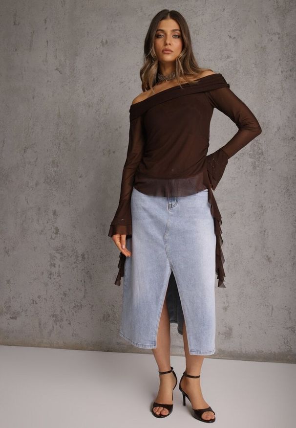 Renee - Niebieska Spódnica Jeansowa z Bawełną High Waist i Rozcięciem na Nogę Cinadessa. Okazja: na spacer, na co dzień. Stan: podwyższony. Kolor: niebieski. Materiał: bawełna, jeans. Styl: casual