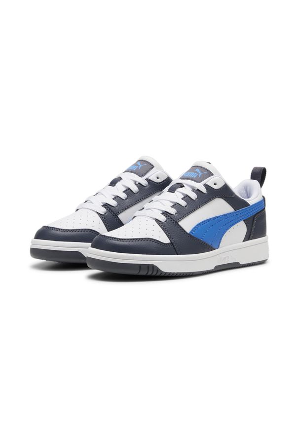 Puma - Młodzieżowe sneakersy Rebound V6 Lo PUMA White Hyperlink Blue Galactic Gray. Kolor: biały, wielokolorowy, niebieski, szary