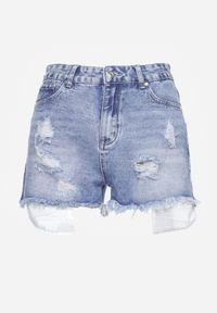 Renee - Niebieskie Jeansowe Szorty z Bawełny Poszarpane z Wystającymi Kieszeniami Lendia. Okazja: na co dzień. Kolor: niebieski. Materiał: jeans, bawełna. Długość: krótkie. Sezon: lato. Styl: casual, klasyczny #7