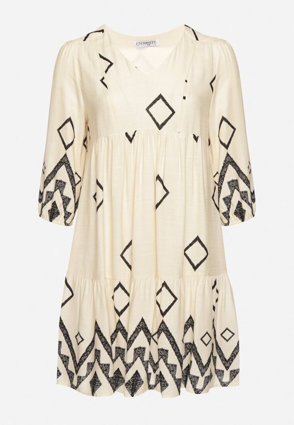 Born2be - Jasnobeżowa Bawełniana Sukienka Pudełkowa w Geometryczny Wzór Claradina. Kolekcja: plus size. Kolor: beżowy. Materiał: bawełna. Wzór: geometria. Typ sukienki: dla puszystych. Styl: elegancki