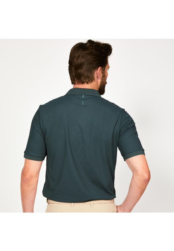 INESIS - Koszulka polo do golfa z krótkim rękawem męska Inesis WW500. Typ kołnierza: golf, polo. Kolor: zielony. Materiał: materiał, poliester. Długość rękawa: krótki rękaw. Długość: krótkie. Wzór: ze splotem