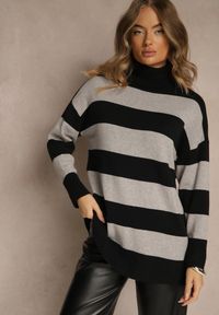 Renee - Czarno-Szary Golf Ozdobiony Paskami Raluna. Okazja: na co dzień. Typ kołnierza: golf. Kolor: czarny. Materiał: jeans. Wzór: aplikacja. Styl: casual #4