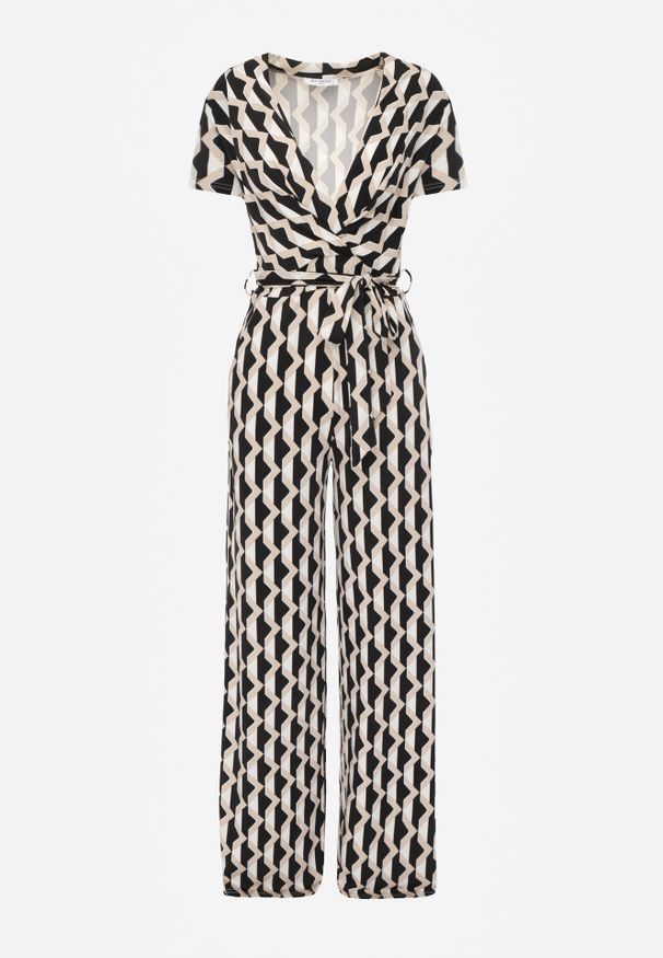 Renee - Beżowy Kopertowy Kombinezon w Geometryczny Wzór z Wiązanym Paskiem Anaba. Kolor: beżowy. Długość: długie. Wzór: geometria