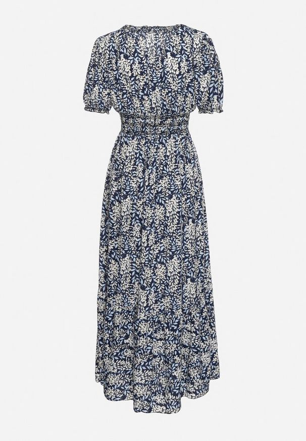 Born2be - Granatowa Bawełniana Sukienka z Bufiastymi Rękawami z Gumką w Talii i Falbaną Vimaliana. Okazja: na co dzień, na spacer. Typ kołnierza: dekolt w kształcie V. Kolor: niebieski. Materiał: bawełna. Styl: klasyczny, casual, elegancki