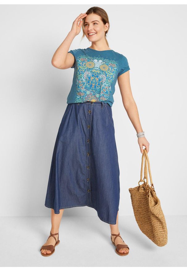 bonprix - T-shirt z czystej bawełny. Kolor: niebieski. Materiał: bawełna. Wzór: nadruk