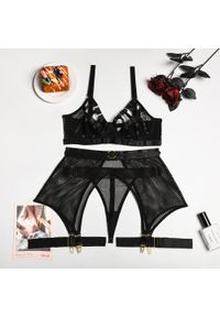 Intica - Komplet bielizny z pasem i podwiązkami elegancki design Palaghia. Kolor: czarny. Materiał: materiał