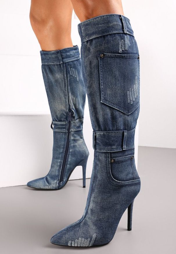 Renee - Niebieskie Jeansowe Kozaki przed Kolano na Szpilce Tusmma. Wysokość cholewki: przed kolano. Kolor: niebieski. Materiał: jeans. Obcas: na szpilce