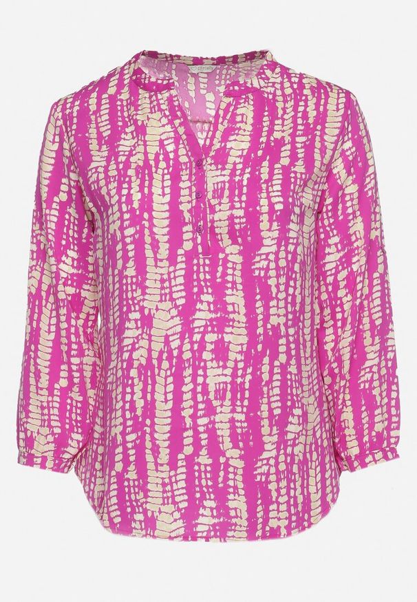 Born2be - Fioletowo-Beżowa Bluzka z Abstrakcyjnym Printem Imitującym Łuski Krokodyla Lenntiana. Okazja: na co dzień. Kolor: fioletowy. Wzór: nadruk. Styl: casual