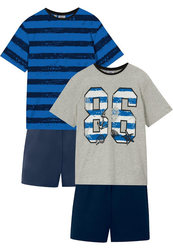 bonprix - Piżama z krótkimi spodniami z miękką bawełną (4 części). Kolor: niebieski. Materiał: bawełna. Długość: krótkie. Wzór: nadruk, aplikacja, paski