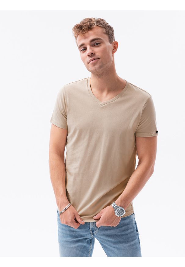 Ombre Clothing - T-shirt męski bawełniany BASIC S1369 - ciepłoszara - XXL. Typ kołnierza: dekolt w serek. Kolor: szary. Materiał: bawełna. Długość: krótkie. Styl: klasyczny
